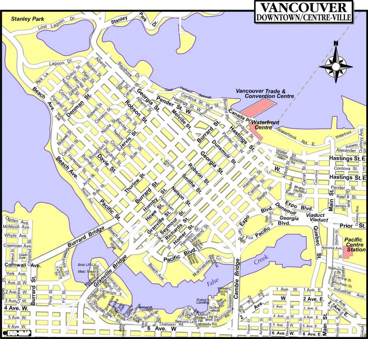 carte du centre-ville de vancouver, au canada