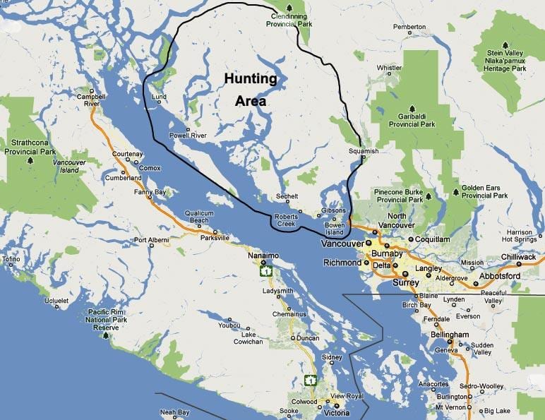Carte de l'île de vancouver chasse