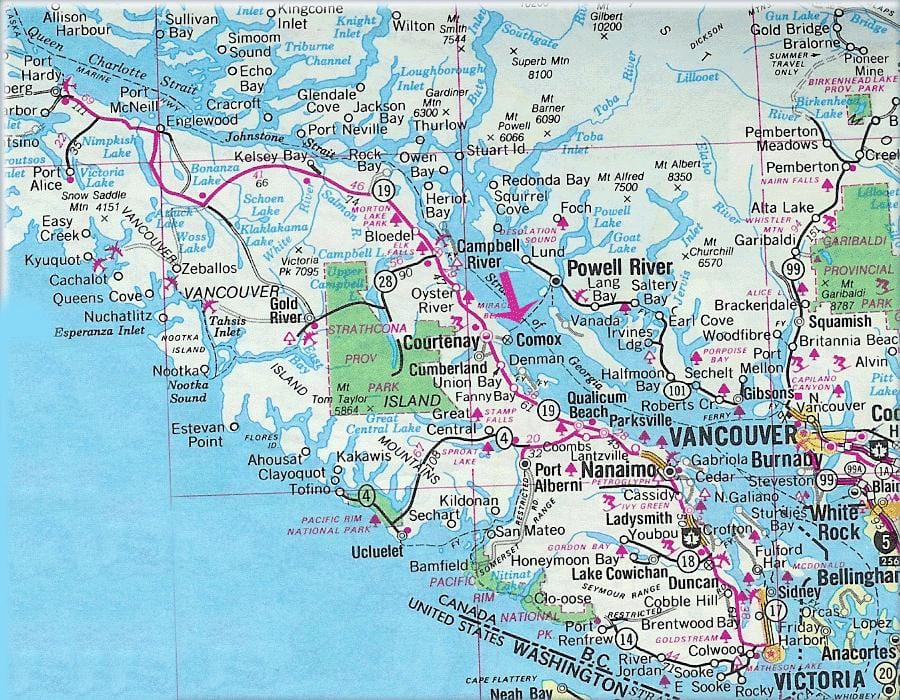 Carte de l'île de vancouver lacs