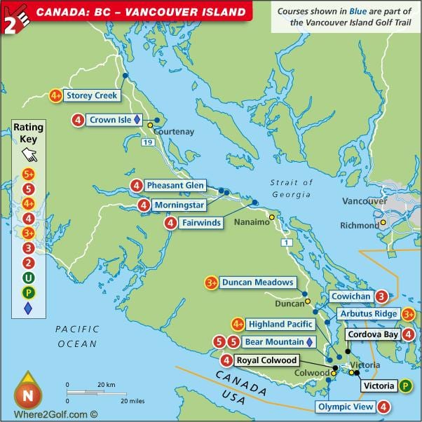 Carte de l'île de vancouver terrains de golf