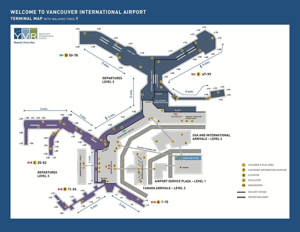 vancouver, au canada, carte de l'aéroport