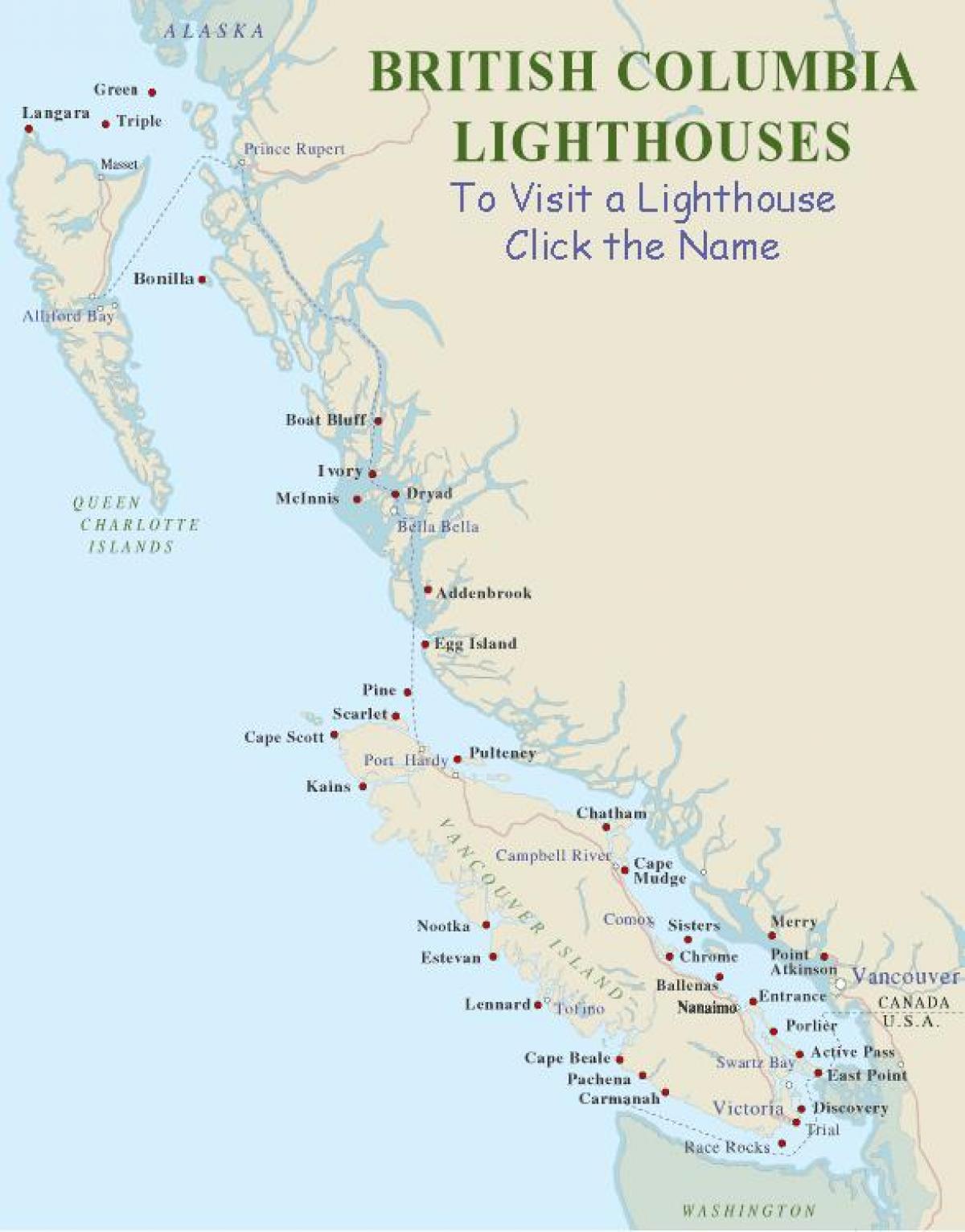 Carte de l'île de vancouver phares