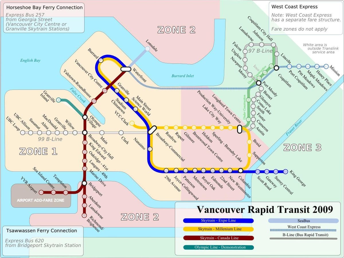 skytrain de vancouver de la carte des zones