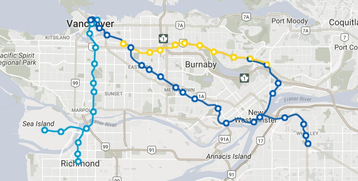 skytrain de vancouver, la carte des itinéraires