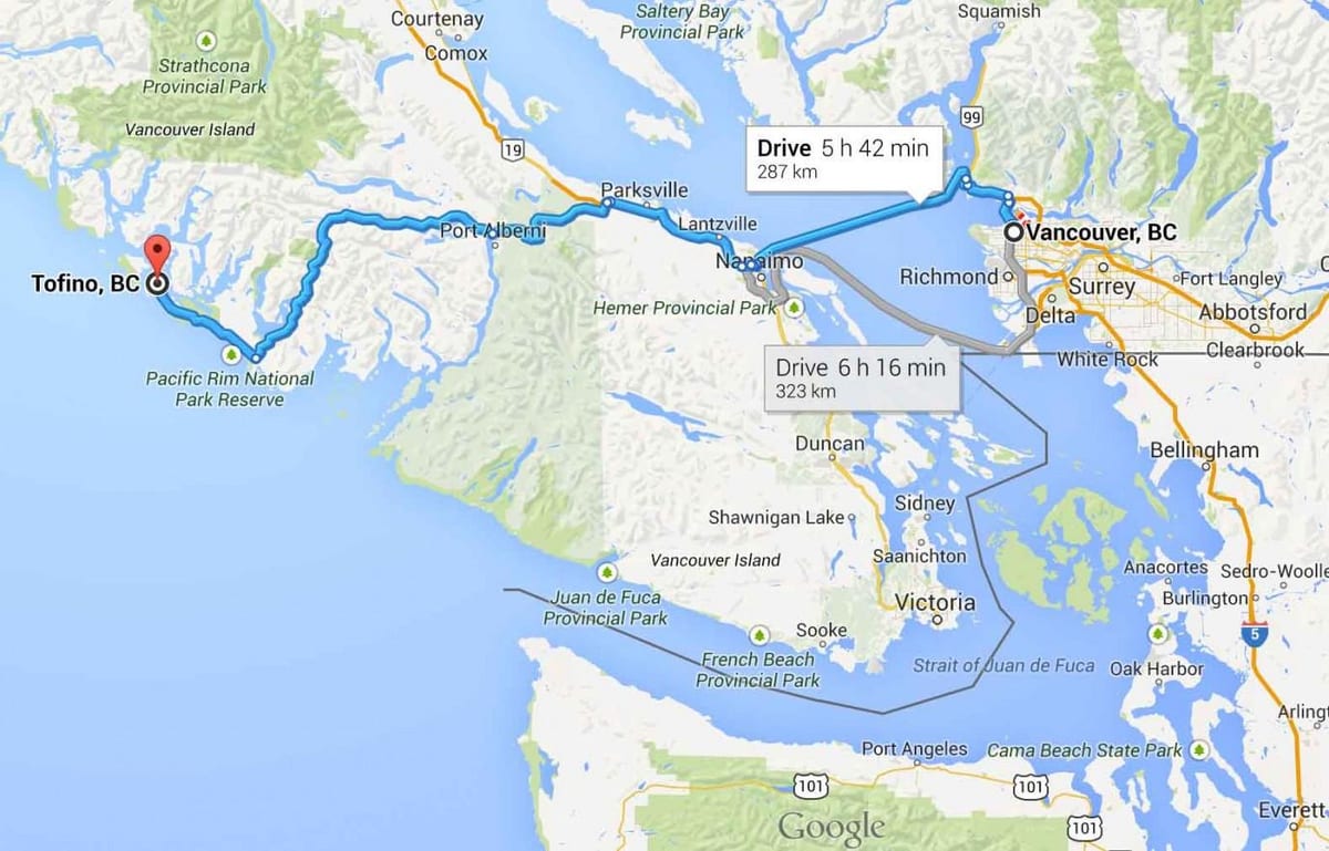 Carte de l'île de vancouver, tofino