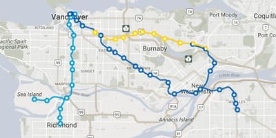 Skytrain de vancouver, la carte des itinéraires